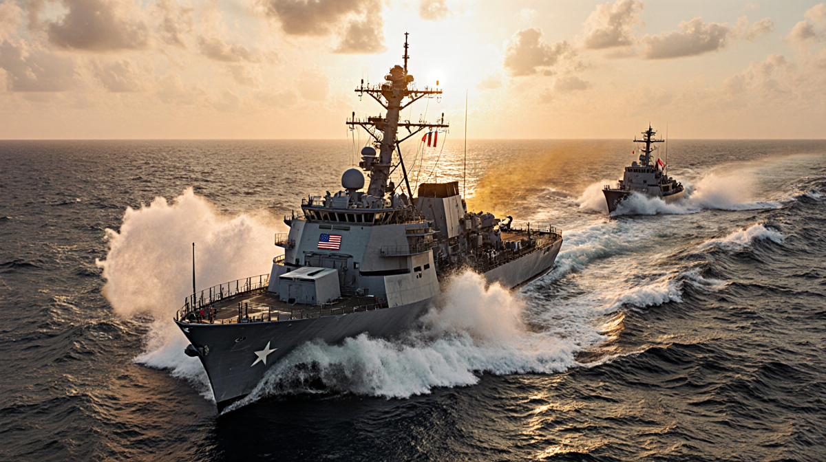 Naval vessel breaching turbulent waters with golden sunset glow and spray of foam.