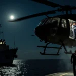 Nicolás Maduro stands on helicopter edge with U.S. sailor gesturing and a moonlit warship in background