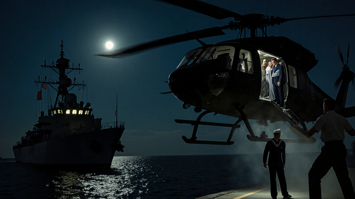 Nicolás Maduro stands on helicopter edge with U.S. sailor gesturing and a moonlit warship in background