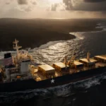 US Navy oil tanker approaches Venezuelan coast with golden hull and crashing waves