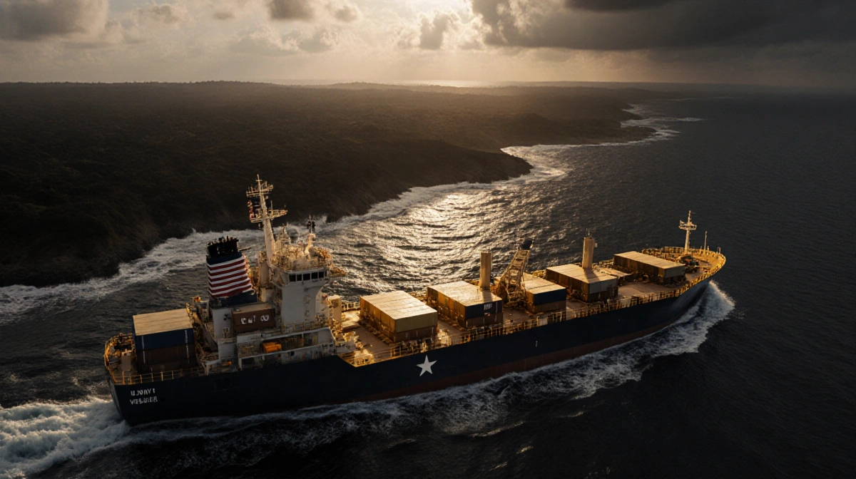 US Navy oil tanker approaches Venezuelan coast with golden hull and crashing waves