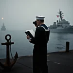 Navy sailor holding phone and folder near anchor with fog and Chinese ship silhouette visible