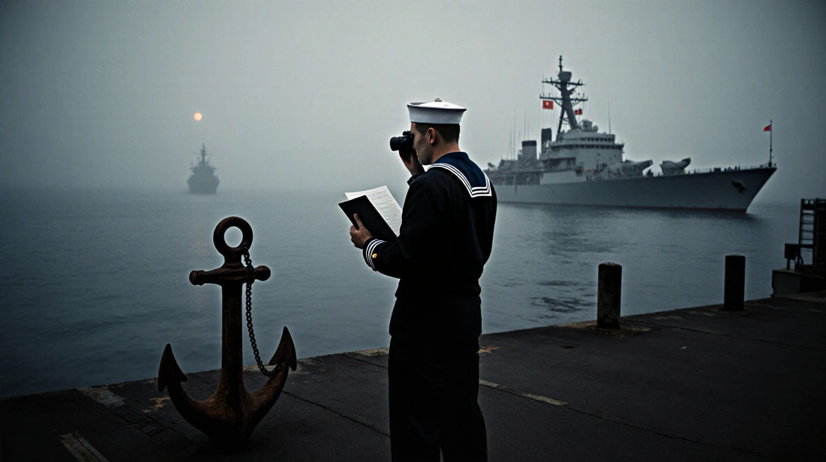 Navy sailor holding phone and folder near anchor with fog and Chinese ship silhouette visible