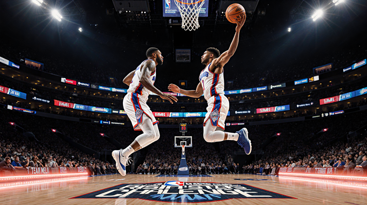Tyrese Haliburton leaps against Shai Gilgeous‑Alexander with neon‑lit court lighting and intense competition.