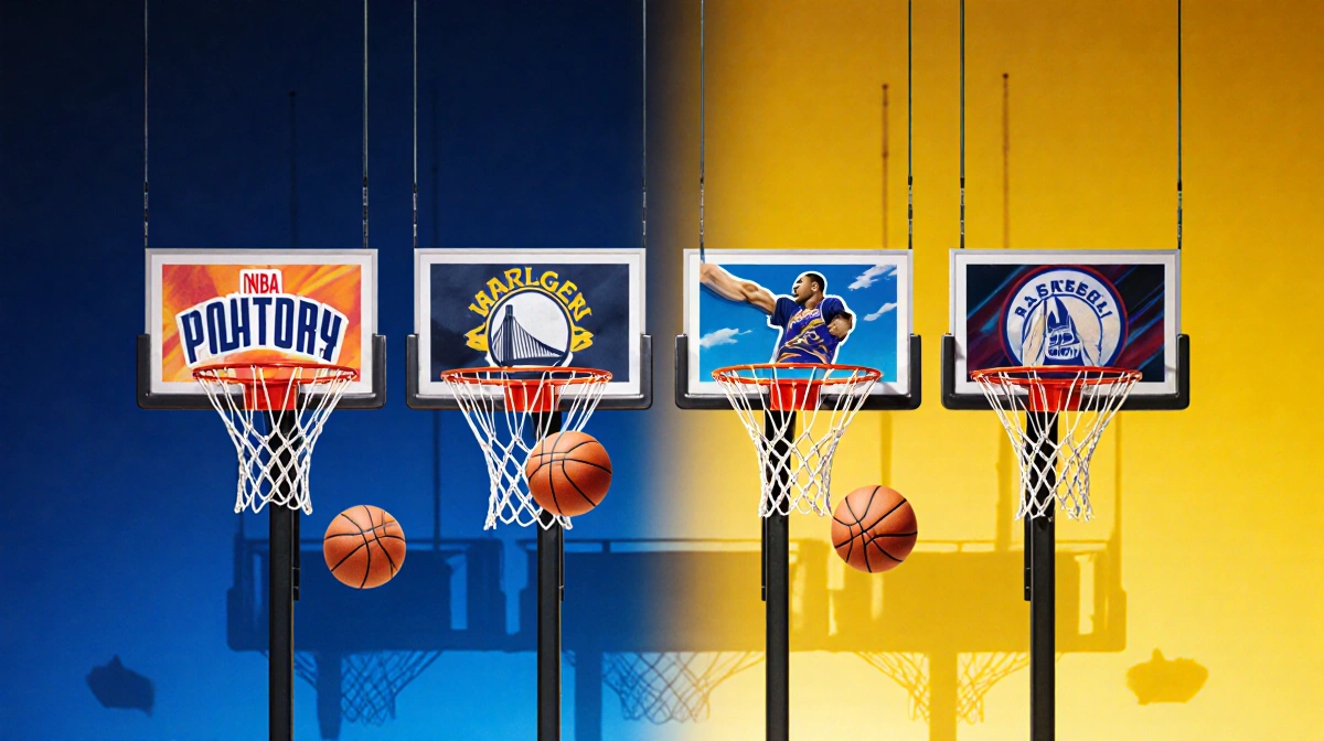 Four basketball hoops stand side by side with NBA team logos and three basketballs hanging from the ropes against a blue to g