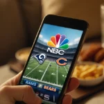 Smartphone shows NBC Sunday Night Football with Rams at Bears score on screen surrounded by game day snacks and drinks