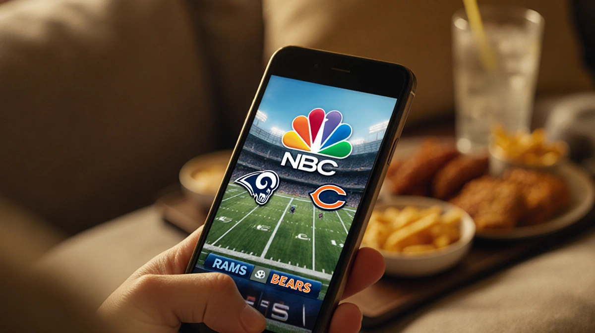 Smartphone shows NBC Sunday Night Football with Rams at Bears score on screen surrounded by game day snacks and drinks