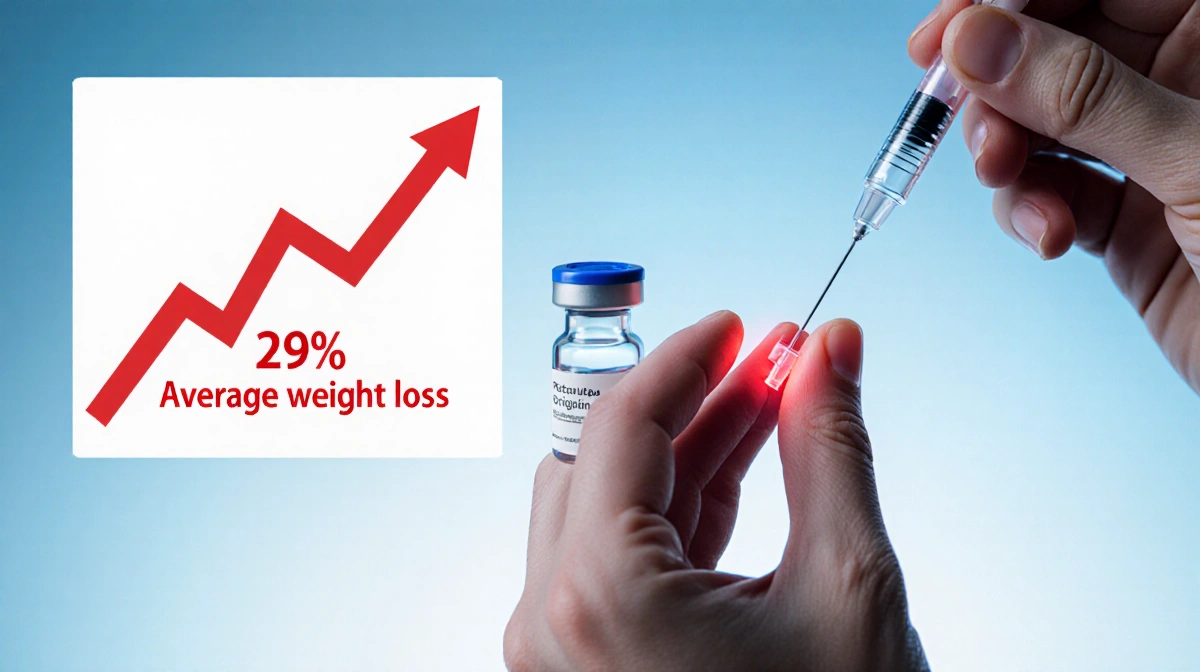 Needle injection into skinfold with retatrutide vial and weight loss chart showing 29% weight loss medical innovation