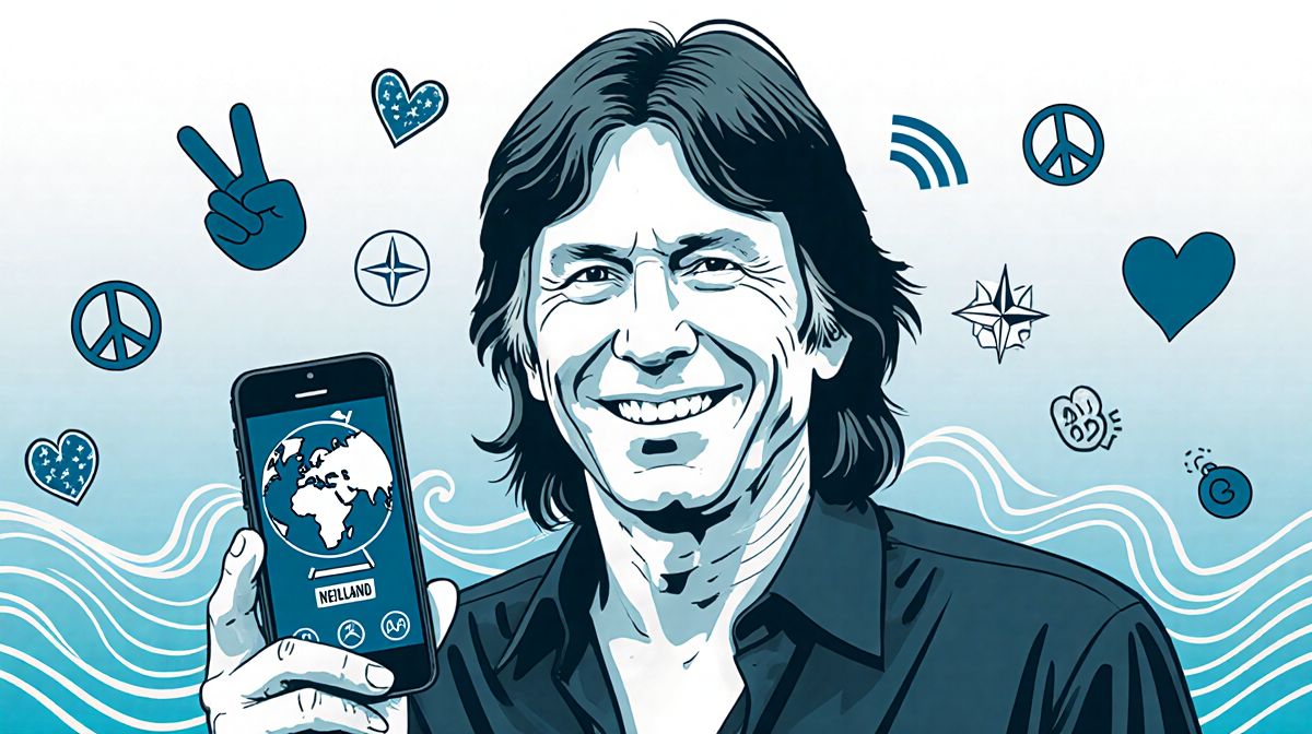 Neil Young holding a Greenlandic cellphone with peace signs and a stylized globe centered on Greenland