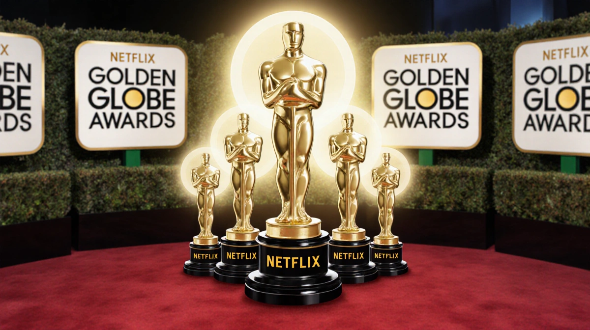 Golden Globe trophies stacked with Netflix logo and four smaller statuettes on red carpet