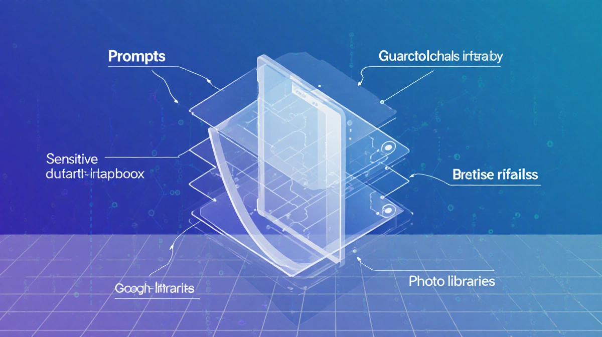 Neural network diagram with labeled layers and protective shield showing data privacy controls