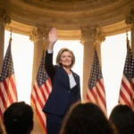 Sherrill stands confidently in front of a historic state capitol building with American flags surrounding her.