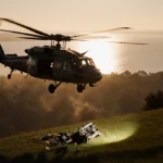Helicopter hovering above New Jersey landscape with debris scattered on grass and spotlight highlighting damaged aircraft par