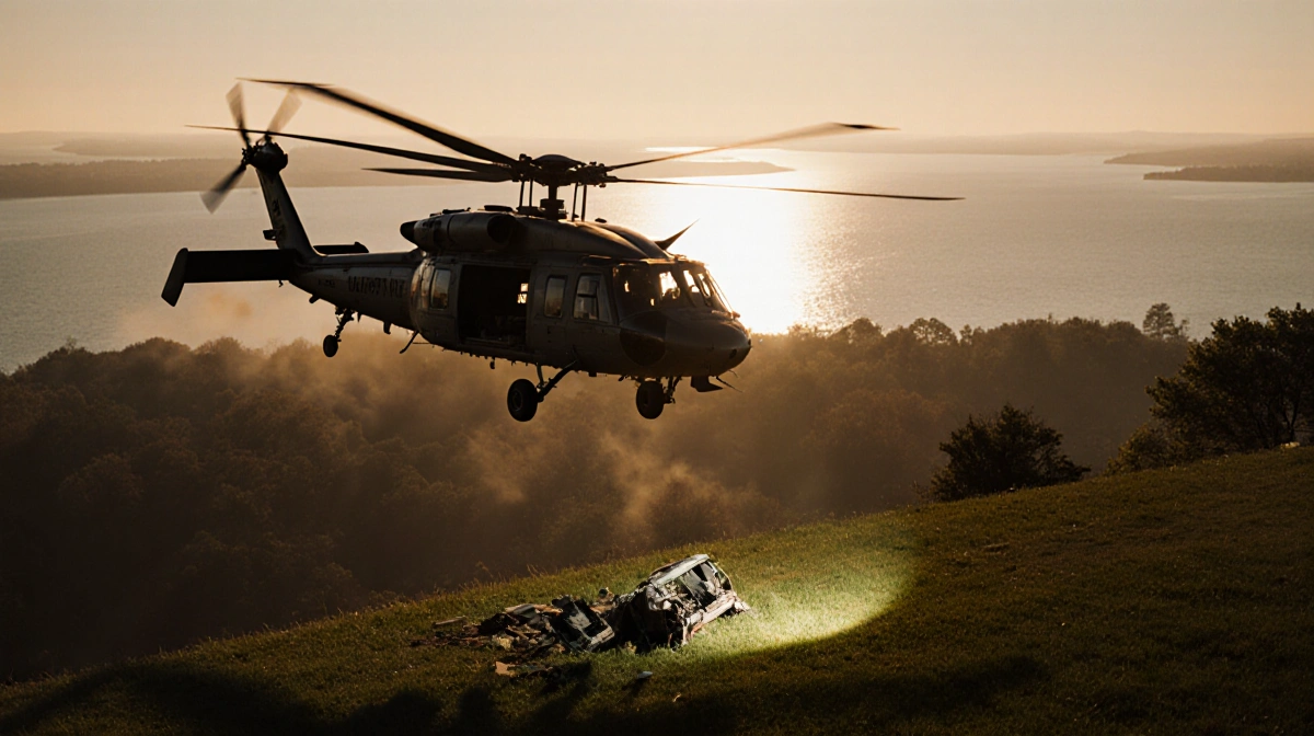 Helicopter hovering above New Jersey landscape with debris scattered on grass and spotlight highlighting damaged aircraft par