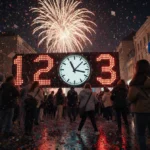Crowd gathers around glowing countdown clock with fireworks bursting over wet street at New Year