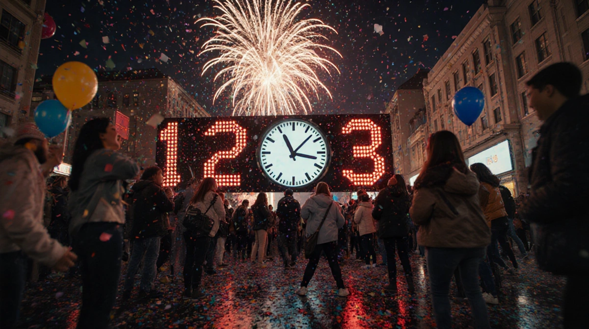 Crowd gathers around glowing countdown clock with fireworks bursting over wet street at New Year