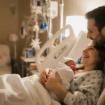 Mother holds newborn while father watches golden light bathes nursery and pastel décor surrounds hospital room