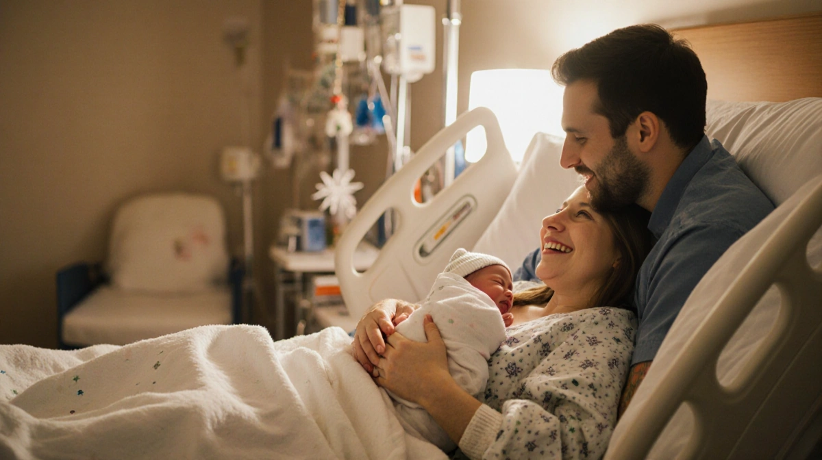 Mother holds newborn while father watches golden light bathes nursery and pastel décor surrounds hospital room