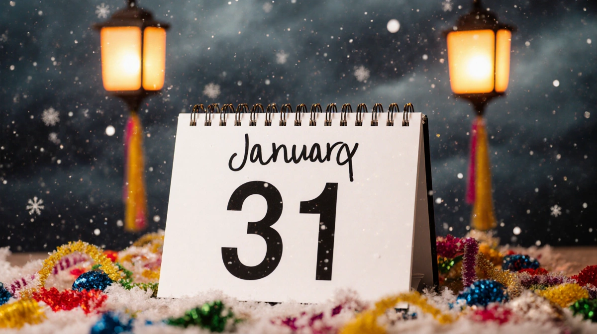 January calendar showing January 31 with Mummers parade streamers and lanterns on table with snowy window background