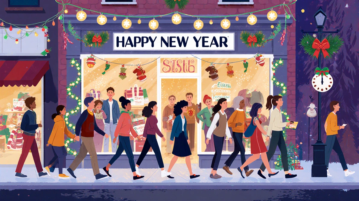 People walking into a bright retail store with festive decorations and a banner that reads Happy New Year