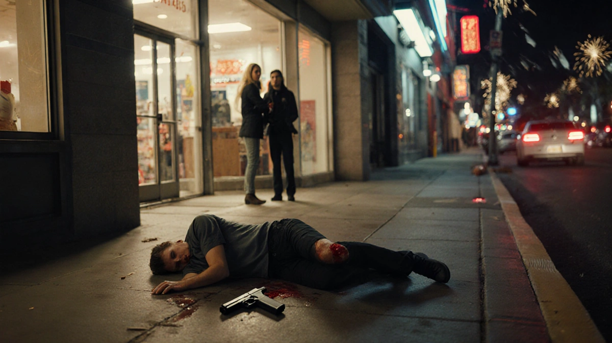 Lying man bleeding on ground with discarded gun and worried couple in background