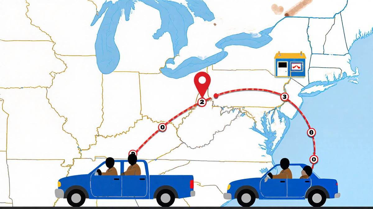 Red pin marks New York on map with three faceless drivers following route to pharmacy with phone screens glowing