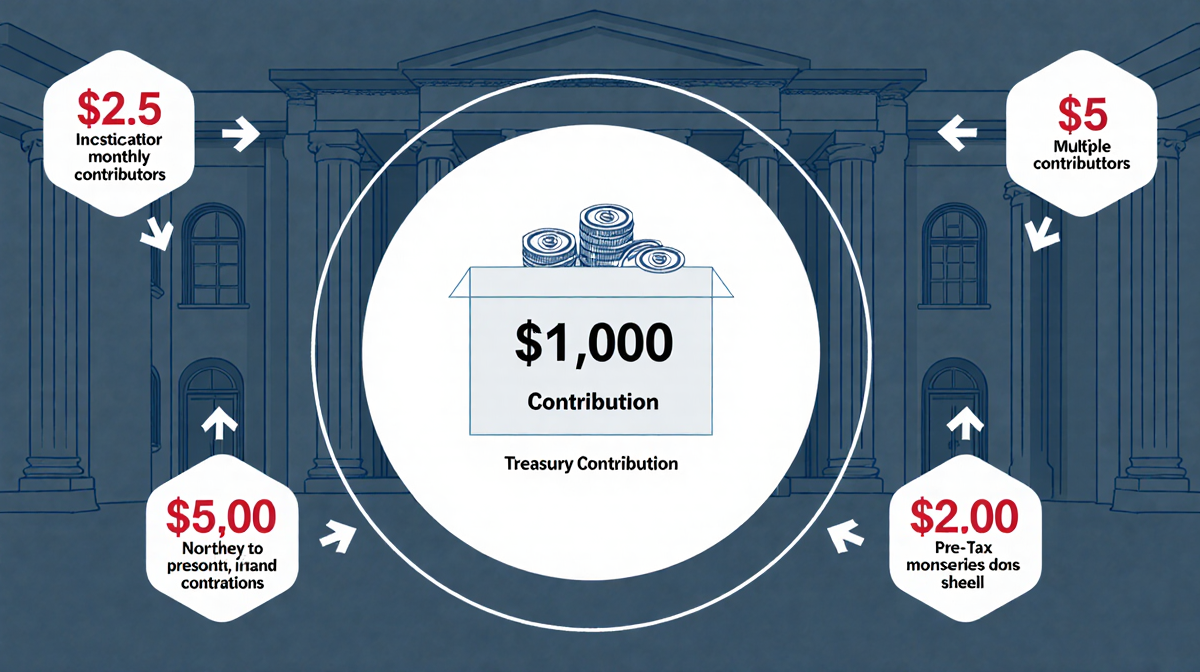 Treasury $1,000 contribution circle surrounded by smaller donor circles and arrows showing $5,000 cap for newborn fundraising