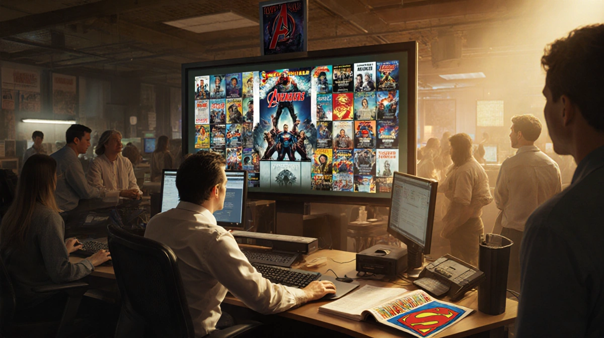 Editor typing at desk with large screen of film posters and Avengers: Doomsday above and Superman comic open on table