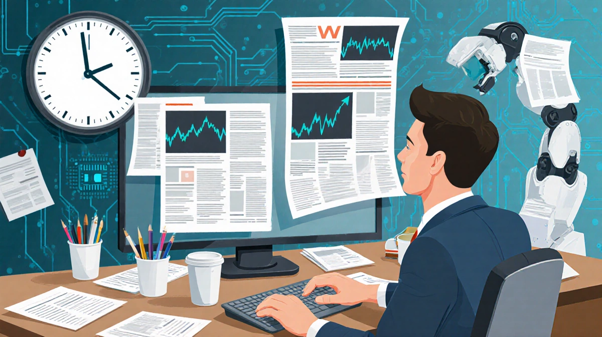 Journalist typing breaking news at cluttered desk with clock ticking and coffee cups showing deadline pressure