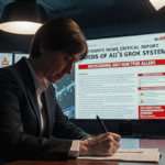 Journalist reading notes with newsroom screen showing Grok report and child safety alerts