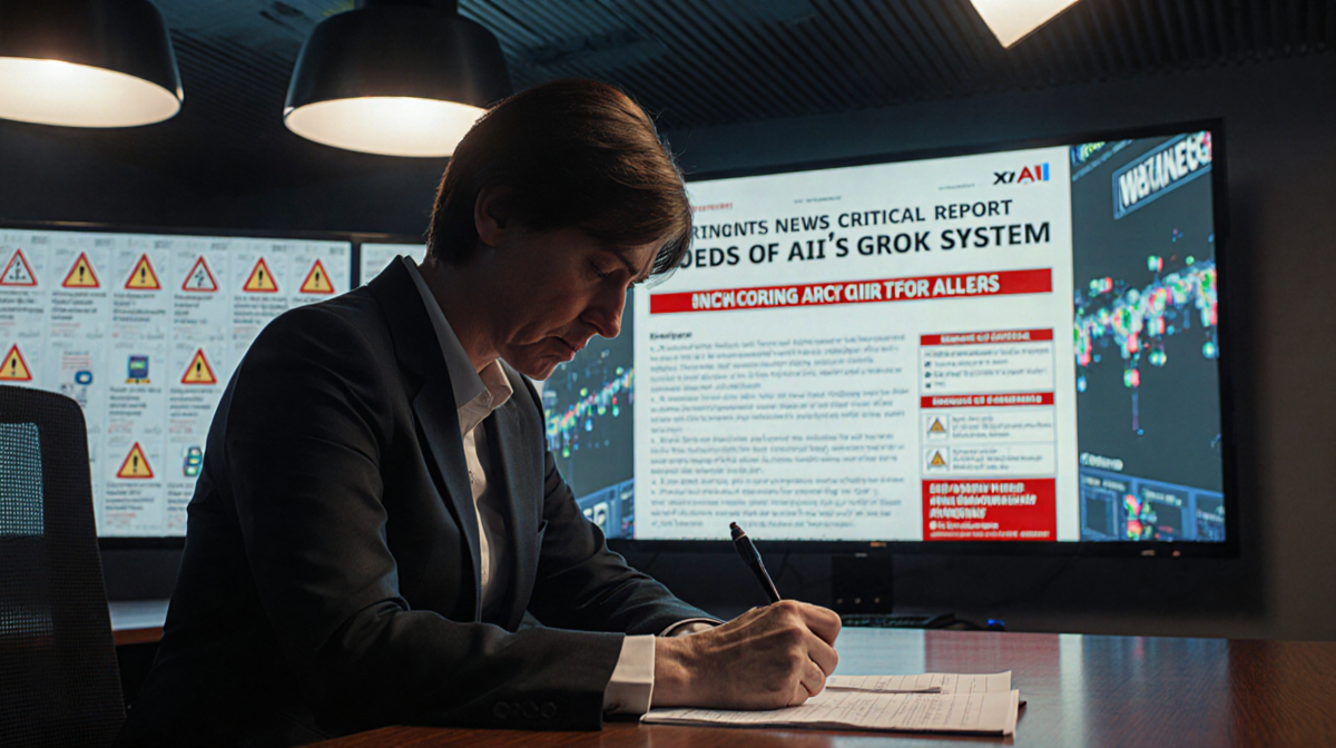 Journalist reading notes with newsroom screen showing Grok report and child safety alerts