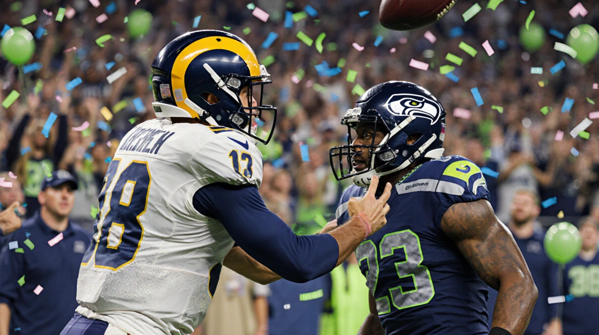 Rams quarterback throws a touchdown pass to a Seahawks receiver with confetti and cheering fans at an NFC Championship