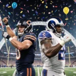 Two football players stand back-to-back with confetti falling and stadium lights blazing behind them