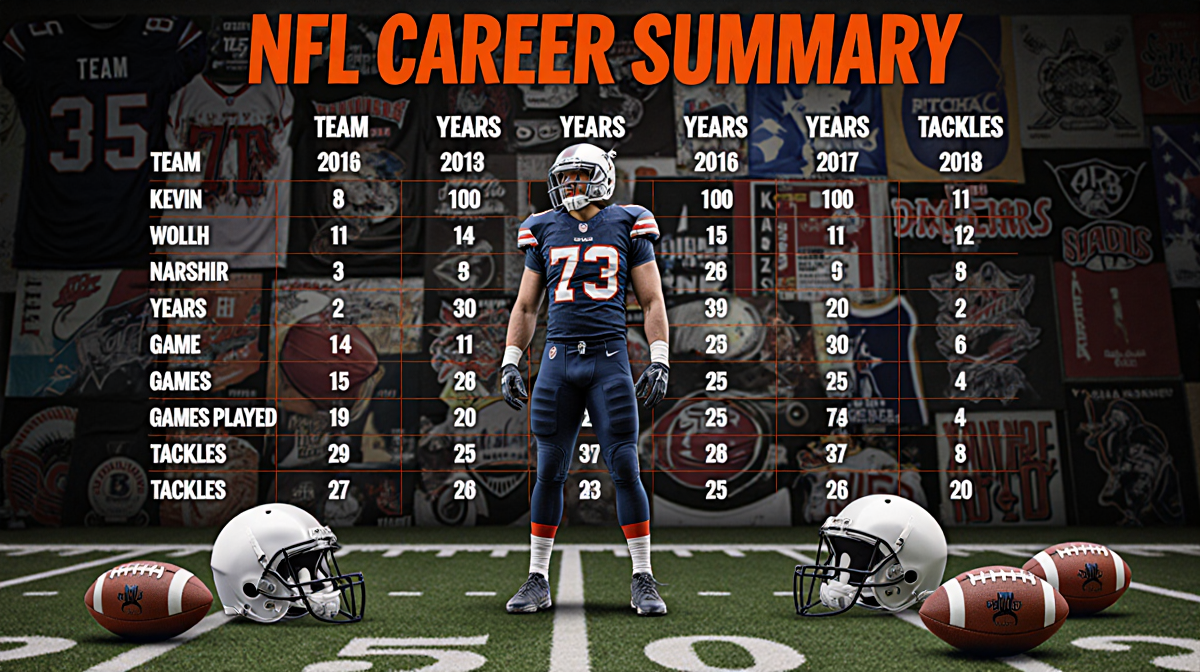 Football player standing before gridiron table with sports memorabilia background and scattered footballs and helmets