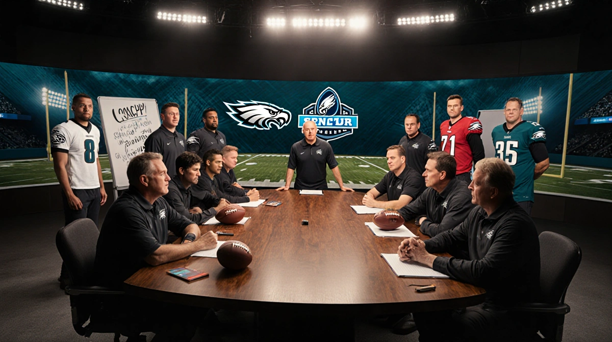 NFL coaching candidates gather around table with Eagles logos and stadium lights visible through windows