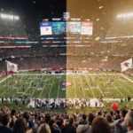 NFL fans celebrating in packed stadium with AFC and NFC flags waving above colorful seats