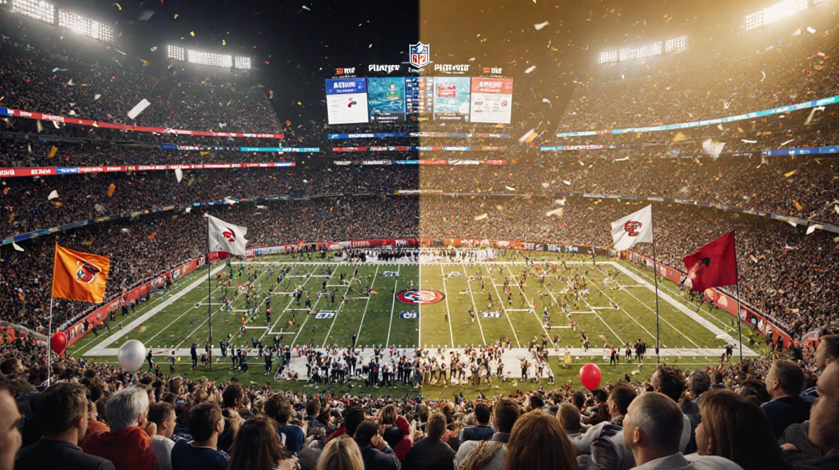 NFL fans celebrating in packed stadium with AFC and NFC flags waving above colorful seats