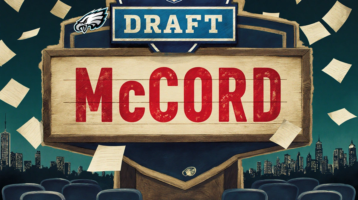 McCord is highlighted on an NFL draft board with a 6th round logo above his name and Philadelphia skyline in navy and green