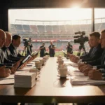 NFL coaches analyzing draft strategy around table with tablets and stadium lights visible through window