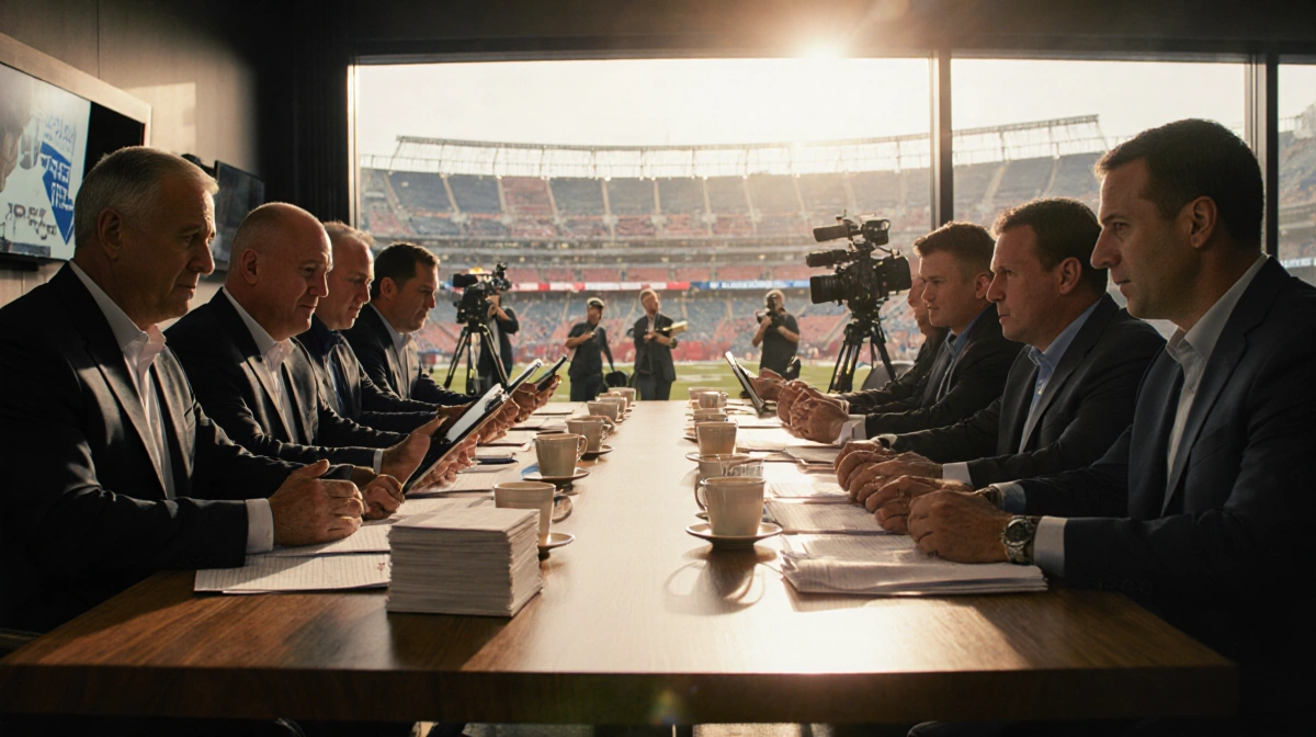 NFL coaches analyzing draft strategy around table with tablets and stadium lights visible through window