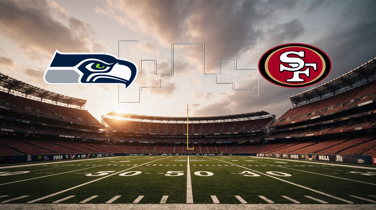 Football field showing Seahawks logo on one end and 49ers logo on the other with autumn sky fading sunlight playoff bracket.