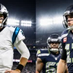 Panthers quarterback standing confidently with hand on hip facing Buccaneers star receiver in split‑screen NFL showdown under