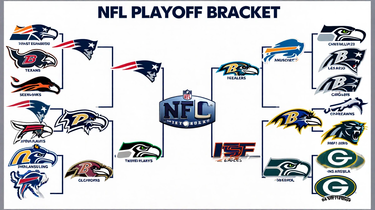 Illustrated NFL playoff bracket displays AFC and NFC seeds with bold colors and clear typography.