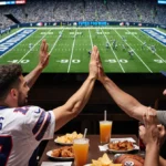 Friends cheering and high-fiving at sports bar with NFL playoffs on TV and team jerseys showing