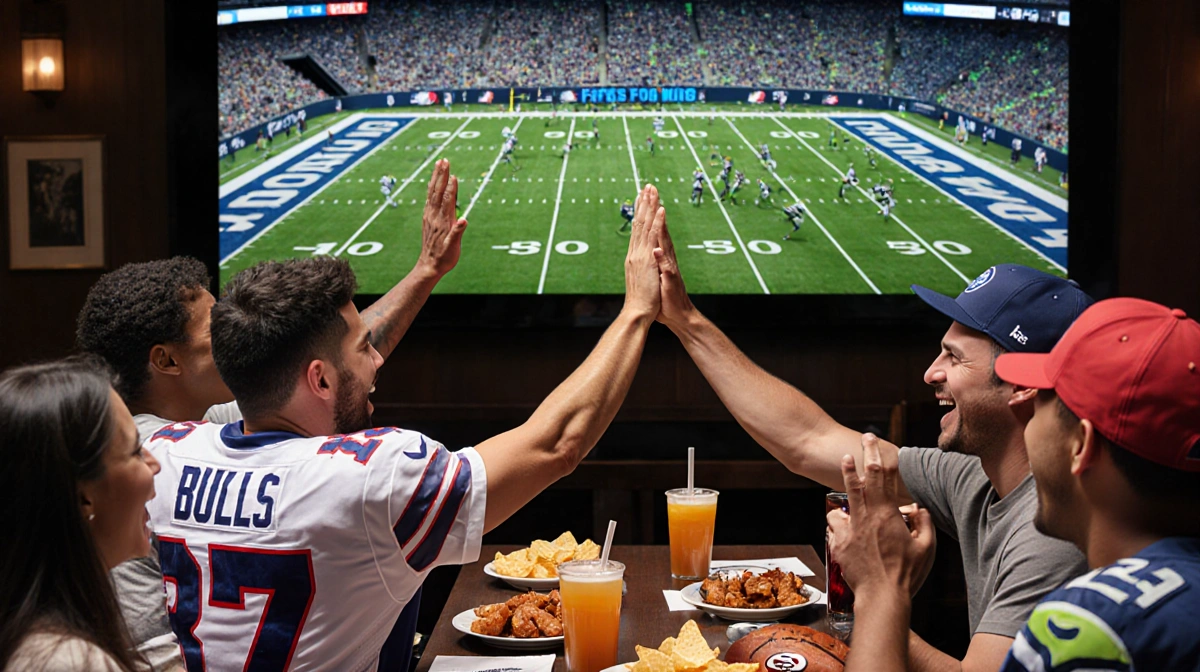 Friends cheering and high-fiving at sports bar with NFL playoffs on TV and team jerseys showing