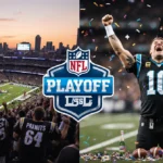 Fans cheering with flags and confetti in stadium while a Panthers fan celebrates with champagne near a Saints loss flag.