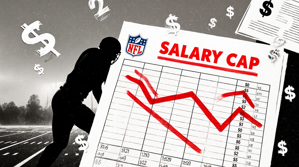 NFL salary cap spreadsheet shows shrinking funds with red ink and swirling dollar signs while football field fades behind