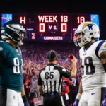 Two NFL players in Eagles and Commanders gear face each other with referee whistle and scoreboard above in a stadium