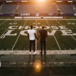 Two football players stand united in end zone with hands clasped and Choose Love sign behind them under golden sunset