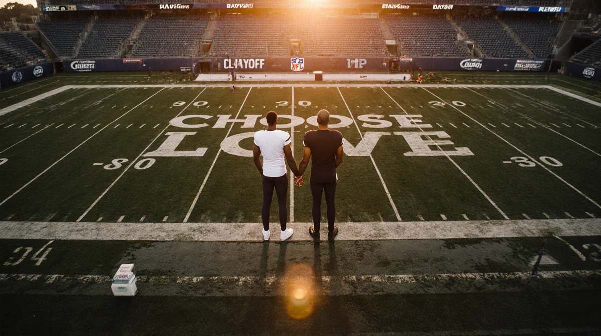 Two football players stand united in end zone with hands clasped and Choose Love sign behind them under golden sunset
